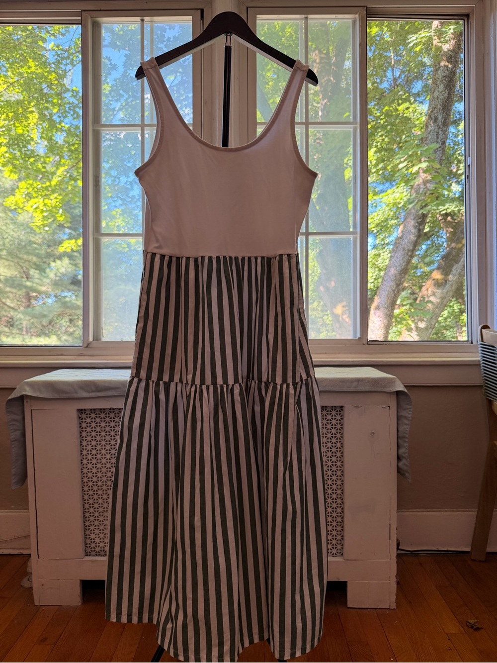 J. Crew White Tank Top with Green & White Striped Maxi Skirt 100% Cotton